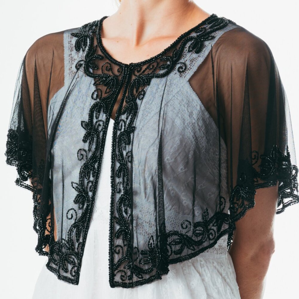 Beaded special occasion shrug / Black evening capelet / Sequin Poncho